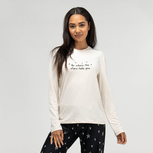 Damen Jersey Pyjamas mit Stene Slogan Fabric Close-up Image