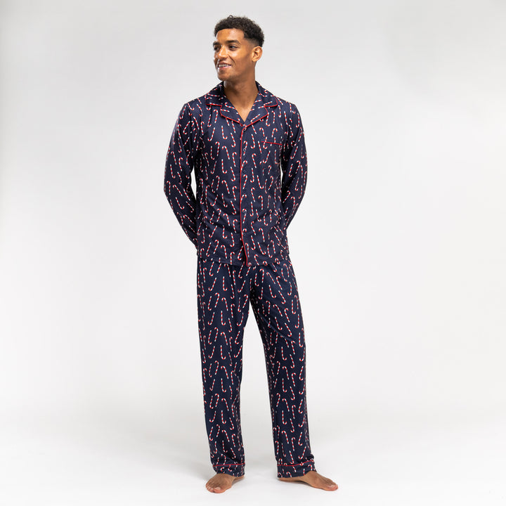 Gestreifter Marineblauer Pyjamas für Herren Zuckerstangenmotiv 02