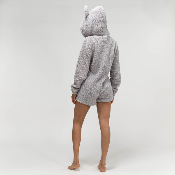 Kurzer grauer Damen-Onesie mit Teddyohren Fabric Close-up Image