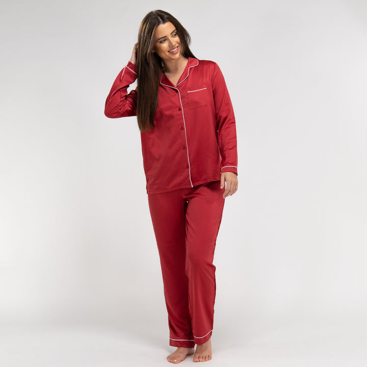 Rote Damen Satin Pyjamahose 04