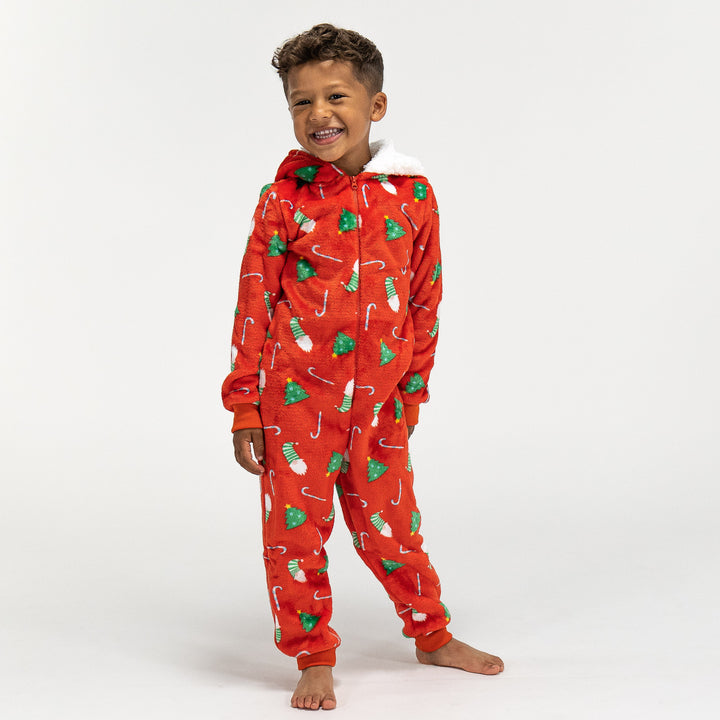 Roter Fleece Onesie für Kinder mit Weihnachtsmotiv 02