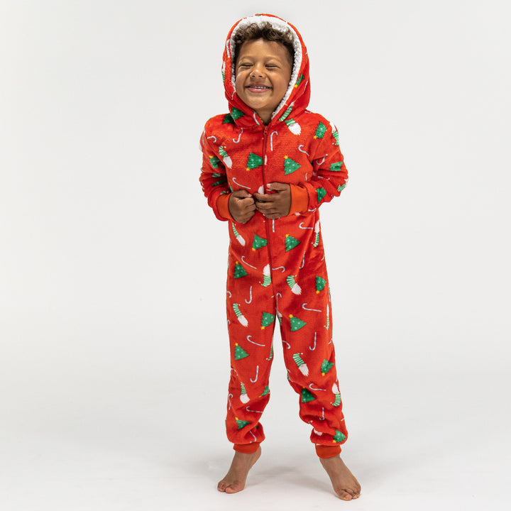 Roter Fleece Onesie für Kinder mit Weihnachtsmotiv 03