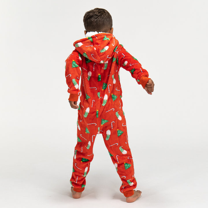 Roter Fleece Onesie für Kinder mit Weihnachtsmotiv 04