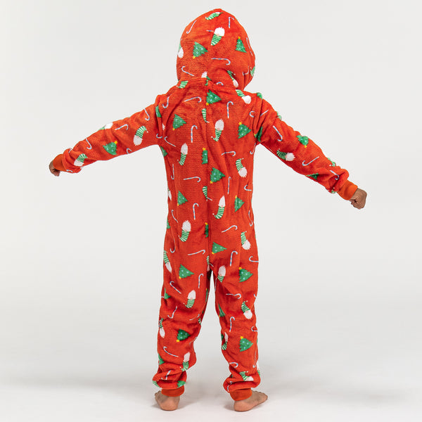 Roter Fleece Onesie für Kinder mit Weihnachtsmotiv Fabric Close-up Image