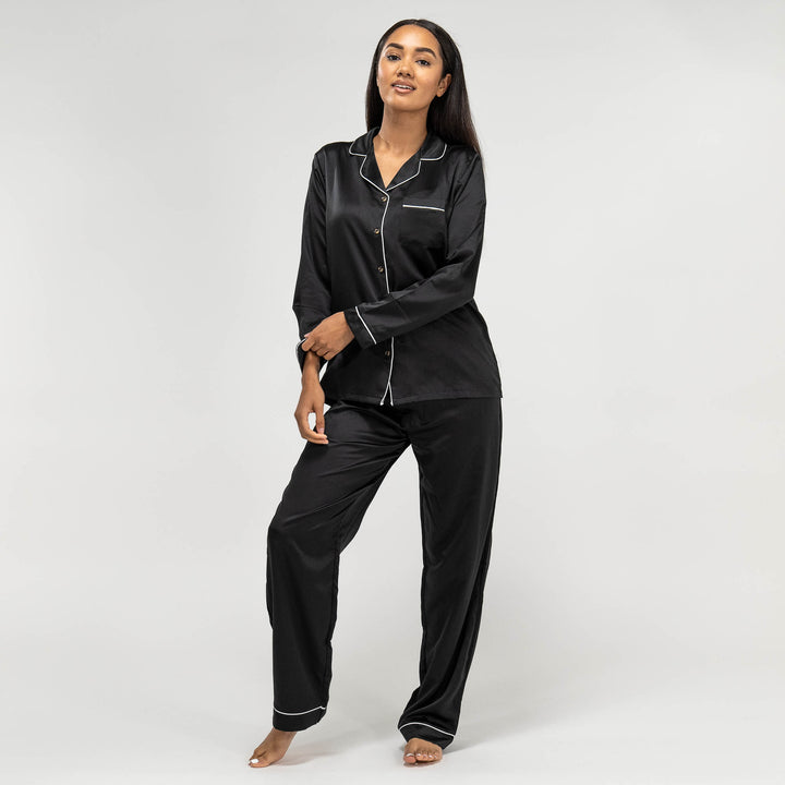 Schwarze Damen Satin Pyjamahose 03